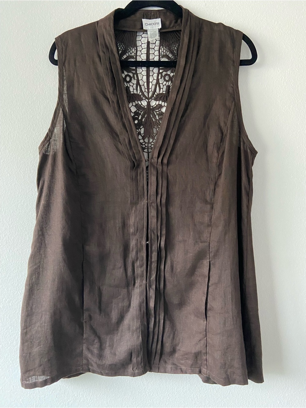 Chico’s 100% Linen Brown Open Front Crochet Lace Back Vest Size 2
